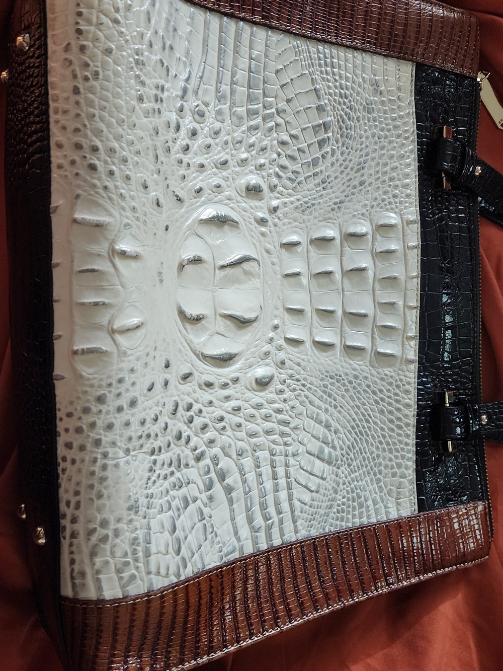 Brahmin White, Brown & Black Croc-Embossed Tote